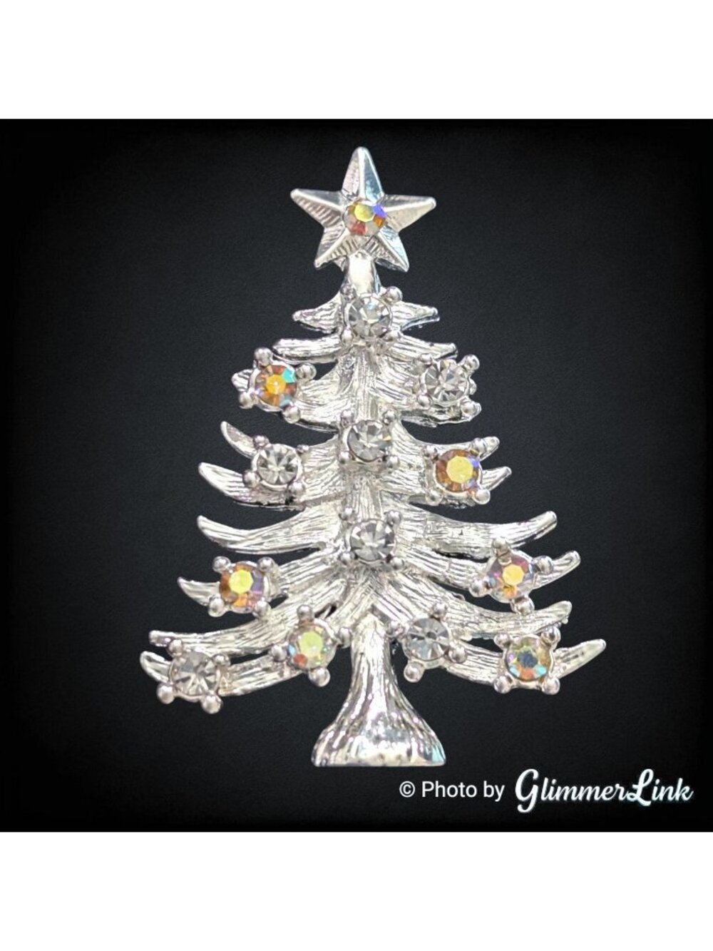 Vintage Eisenberg Ice Christmas Tree Brooch Clear AB Rhinestones Silver Tone Pin